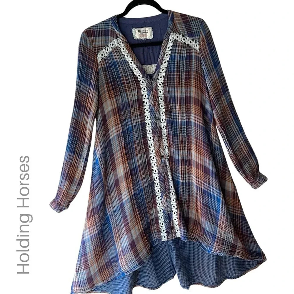 ANTHROPOLOGIE HOLDING HORSES ABITA HIGH LOW PLAID DRESS LACE | SIZE: SMALL